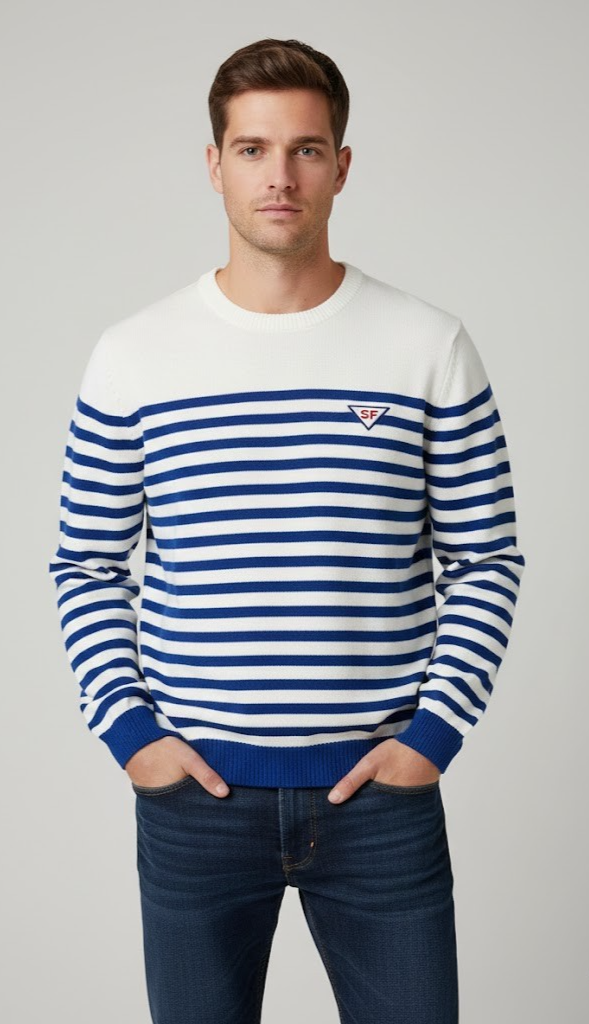 Strandfein Menswear Pullover Rundhals Offwhite/Royalblau L Gestreift Herren
